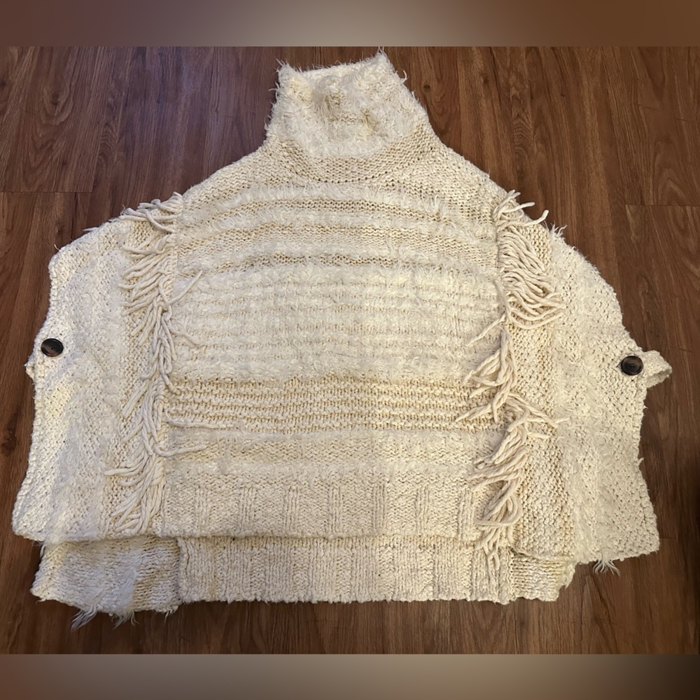 Anthropologie Ivory Knit Poncho with Fringe